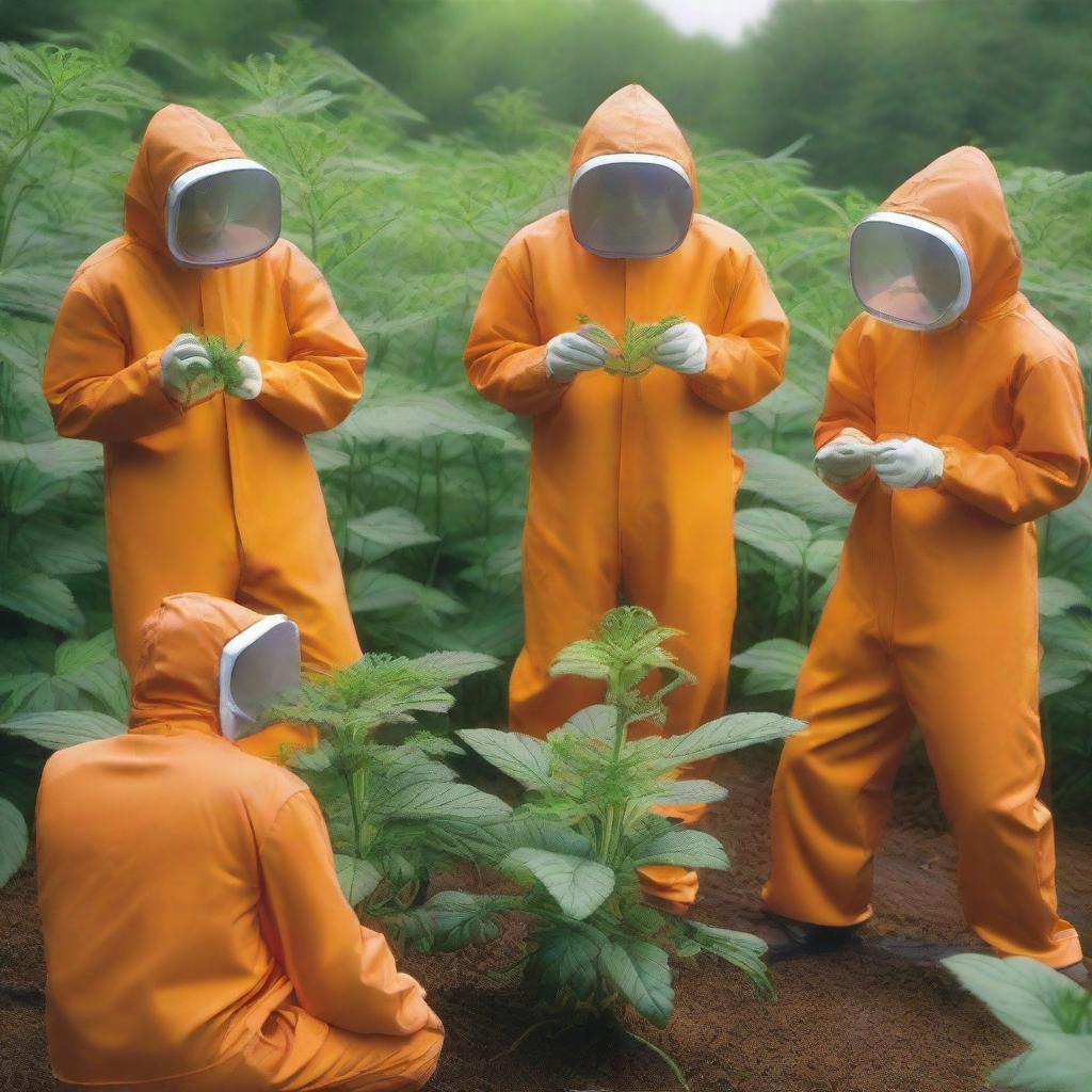 A group of fruit fly inspectors wearing orange jumpsuits are examining weed plants