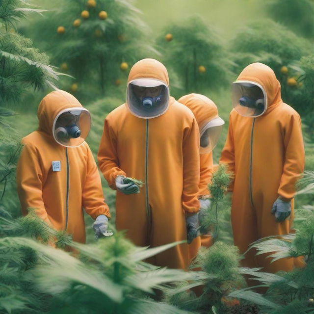 A group of fruit fly inspectors wearing orange jumpsuits are examining weed plants