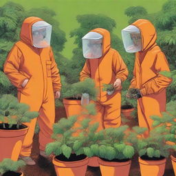 A group of fruit fly inspectors wearing orange jumpsuits are examining weed plants