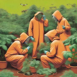 A group of fruit fly inspectors wearing orange jumpsuits are examining weed plants