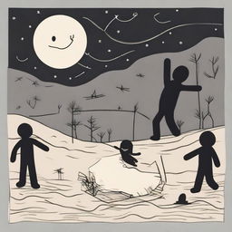 A childlike drawing depicting a murder scene occurring in the middle of the night