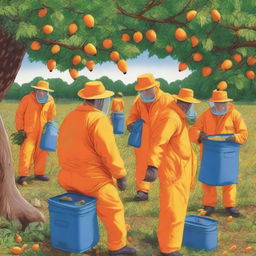 A group of fruit fly inspectors in orange jumpsuits and broad-brimmed blue sun hats are spraying bait from yellow backpacks onto trees, weed plants, and fruit trees