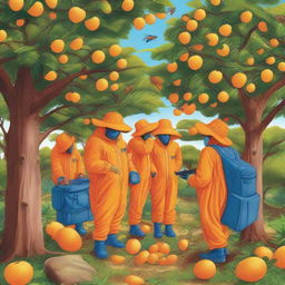 A group of fruit fly inspectors in orange jumpsuits and broad-brimmed blue sun hats are spraying bait from yellow backpacks onto trees, weed plants, and fruit trees