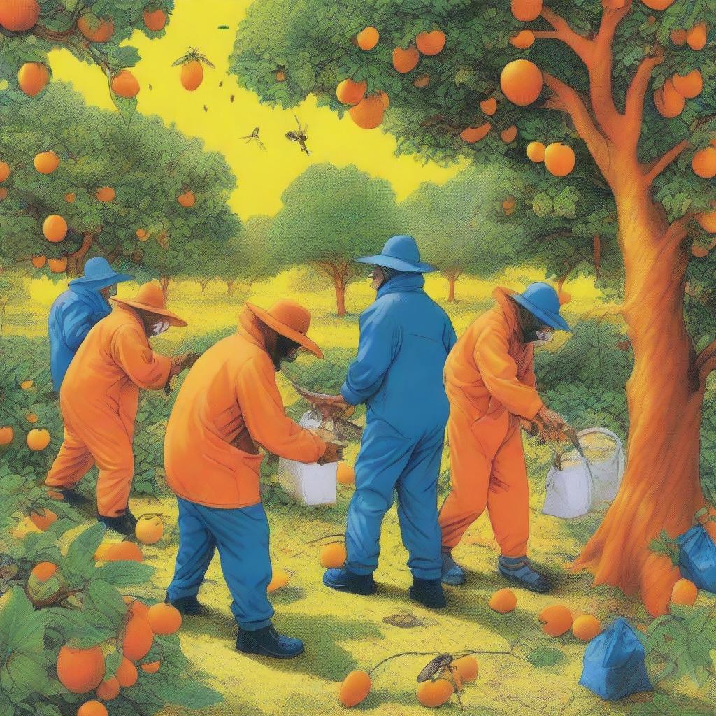 A group of fruit fly inspectors in orange jumpsuits and broad-brimmed blue sun hats are spraying bait from yellow backpacks onto trees, weed plants, and fruit trees