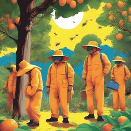 A group of fruit fly inspectors in orange jumpsuits and broad-brimmed blue sun hats are spraying bait from yellow backpacks onto trees, weed plants, and fruit trees