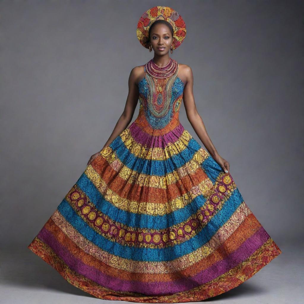 African woman wearing a long, iconic, circular dress with a balance of bright and dull colors, adorned with intricate details around the neck and full-length arm area