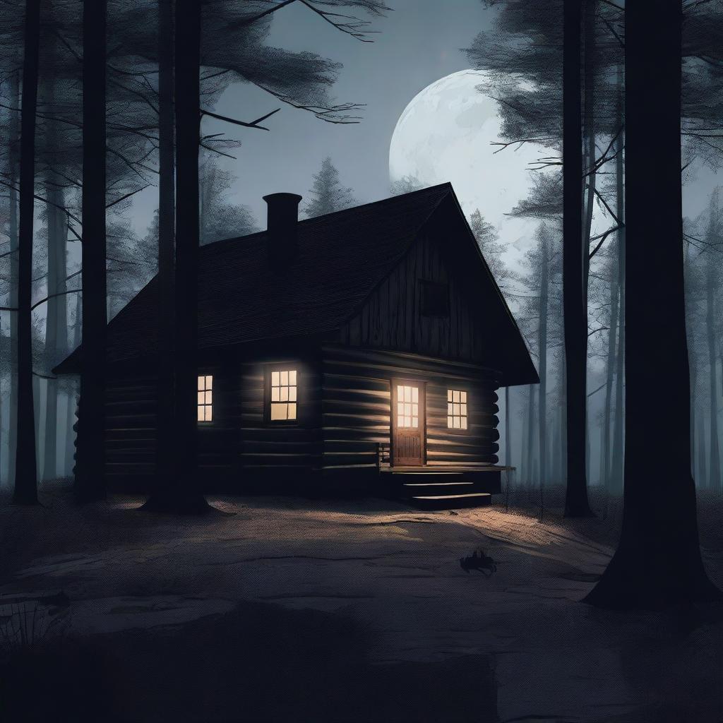 A dark and eerie scene in the middle of the night, showing a murder occurring near a cabin in the woods