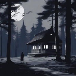 A dark and eerie scene in the middle of the night, showing a murder occurring near a cabin in the woods