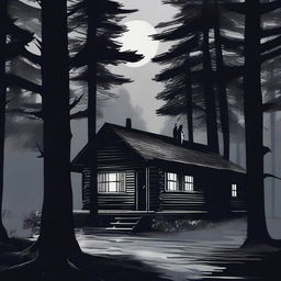 A dark and eerie scene in the middle of the night, showing a murder occurring near a cabin in the woods