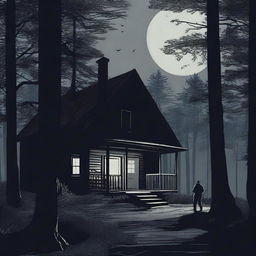 A dark and eerie scene in the middle of the night, showing a murder occurring near a cabin in the woods