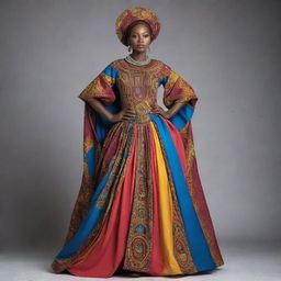 African woman wearing a long, iconic, circular dress with a balance of bright and dull colors, adorned with intricate details around the neck and full-length arm area