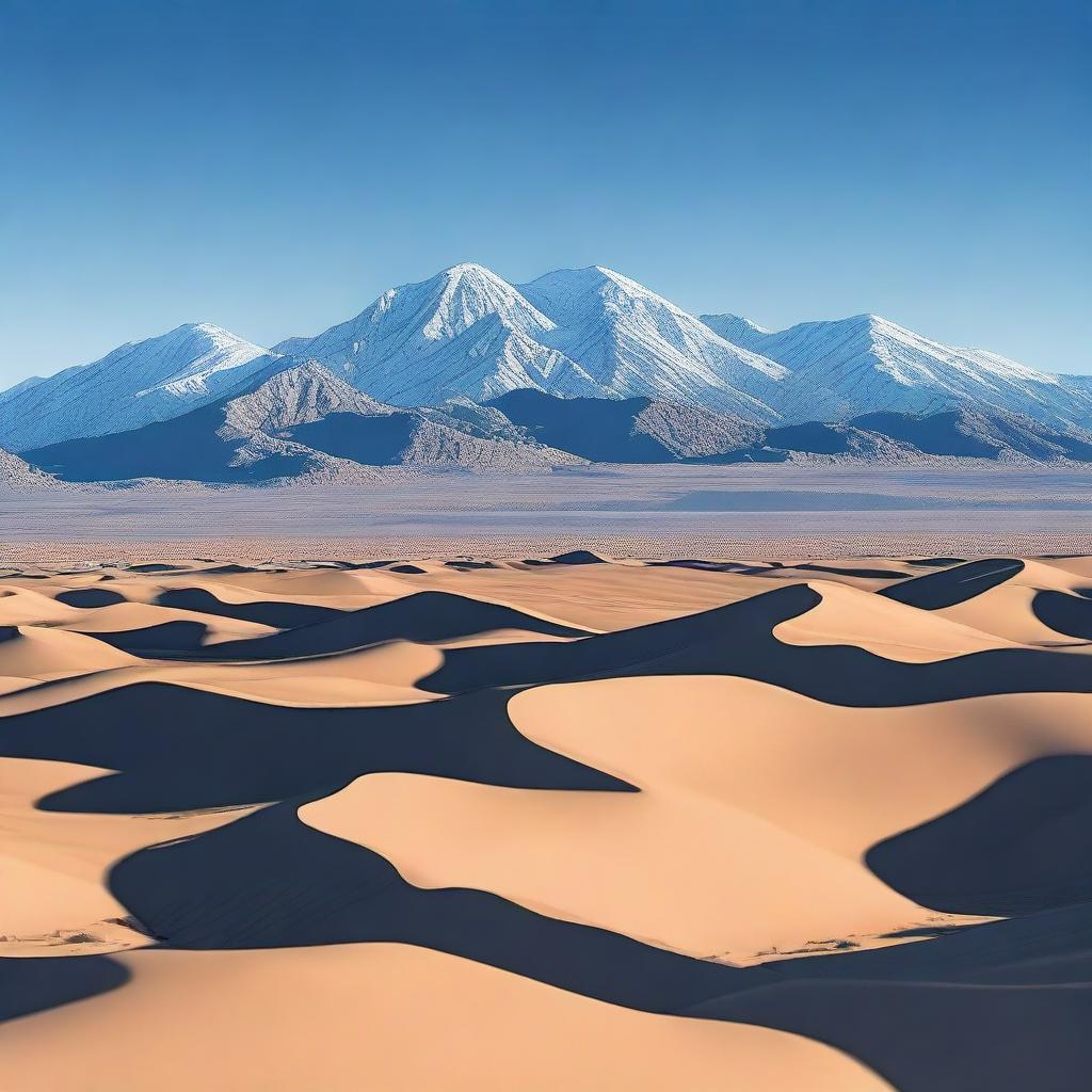 A majestic mountain range with snow-capped peaks towering over a vast desert landscape