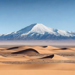 A majestic mountain range with snow-capped peaks towering over a vast desert landscape