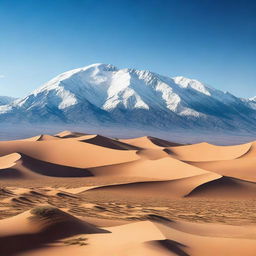 A majestic mountain range with snow-capped peaks towering over a vast desert landscape