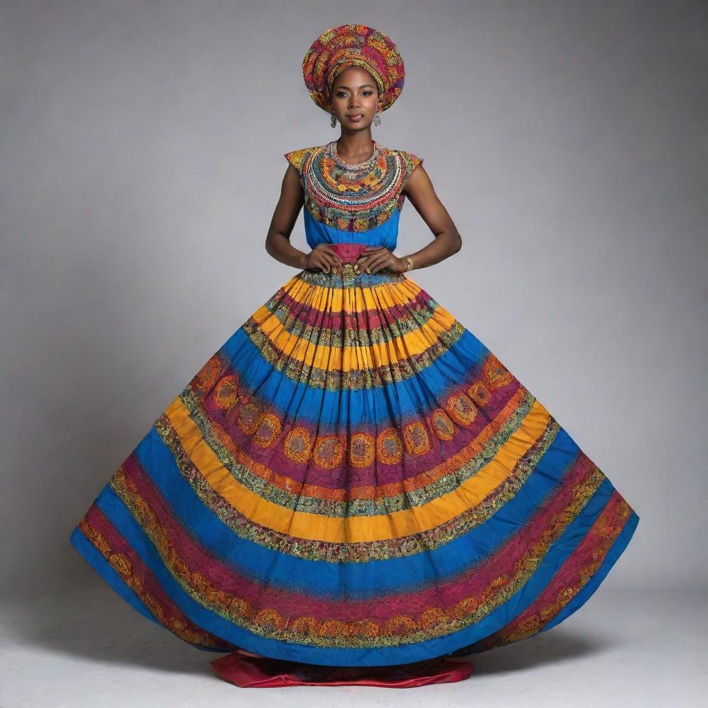 African woman wearing a long, iconic, circular dress with a balance of bright and dull colors, adorned with intricate details around the neck and full-length arm area