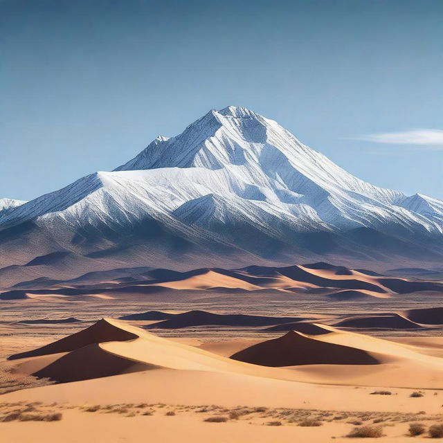 A majestic mountain range with snow-capped peaks towering over a vast desert landscape