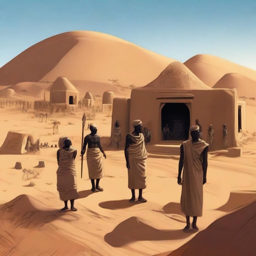 A detailed depiction of an ancient African civilization living in the desert