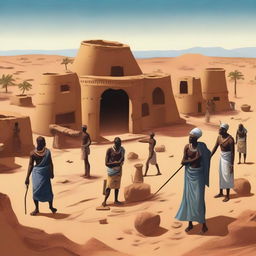 A detailed depiction of an ancient African civilization living in the desert