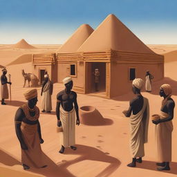 A detailed depiction of an ancient African civilization living in the desert