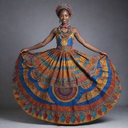 African woman wearing a long, iconic, circular dress with a balance of bright and dull colors, adorned with intricate details around the neck and full-length arm area