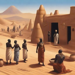 A detailed depiction of an ancient African civilization living in the desert