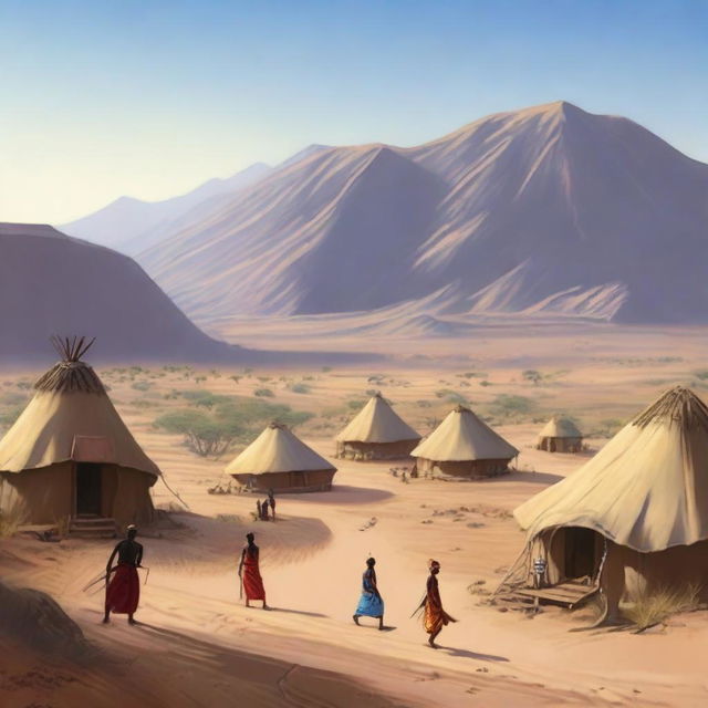 A realistic depiction of an African civilization situated in a mountainous desert