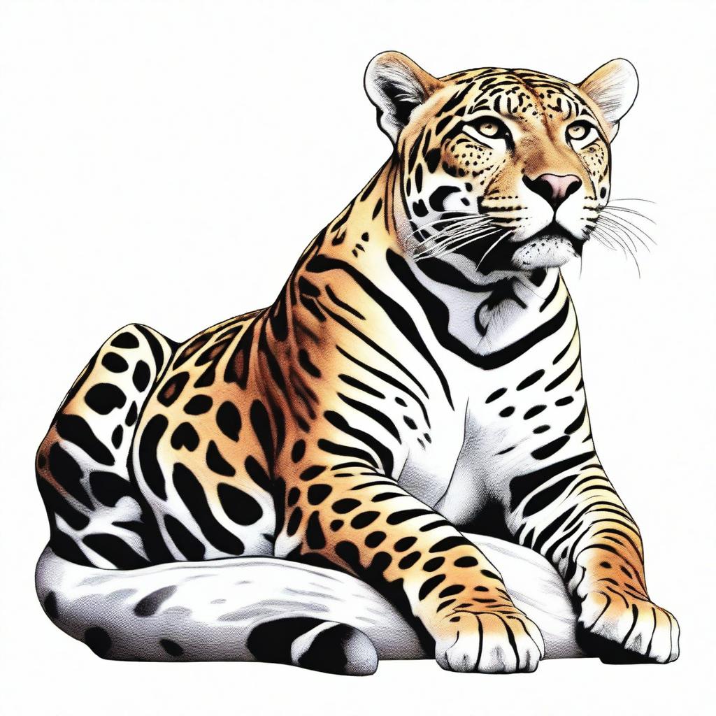 A colored illustration of a jaguar lying down, showing its entire body against a white background with no vegetation