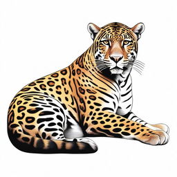 A colored illustration of a jaguar lying down, showing its entire body against a white background with no vegetation