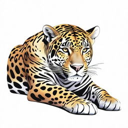 A colored illustration of a jaguar lying down, showing its entire body against a white background with no vegetation