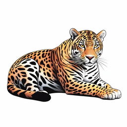 A colored illustration of a jaguar lying down, showing its entire body against a white background with no vegetation