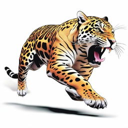 A colored illustration of a jaguar running and roaring, showing its entire body against a white background with no vegetation