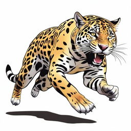 A colored illustration of a jaguar running and roaring, showing its entire body against a white background with no vegetation