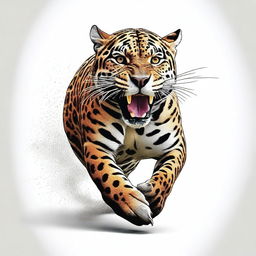 A colored illustration of a jaguar running and roaring, showing its entire body against a white background with no vegetation