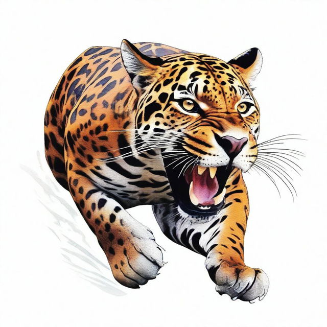 A colored illustration of a jaguar running and roaring, showing its entire body against a white background with no vegetation