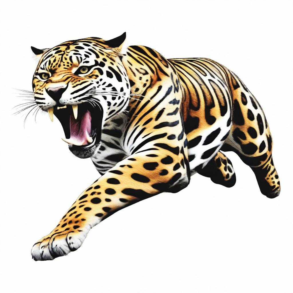 A colored illustration of a jaguar running head-on, roaring, showing its entire body against a white background with no vegetation