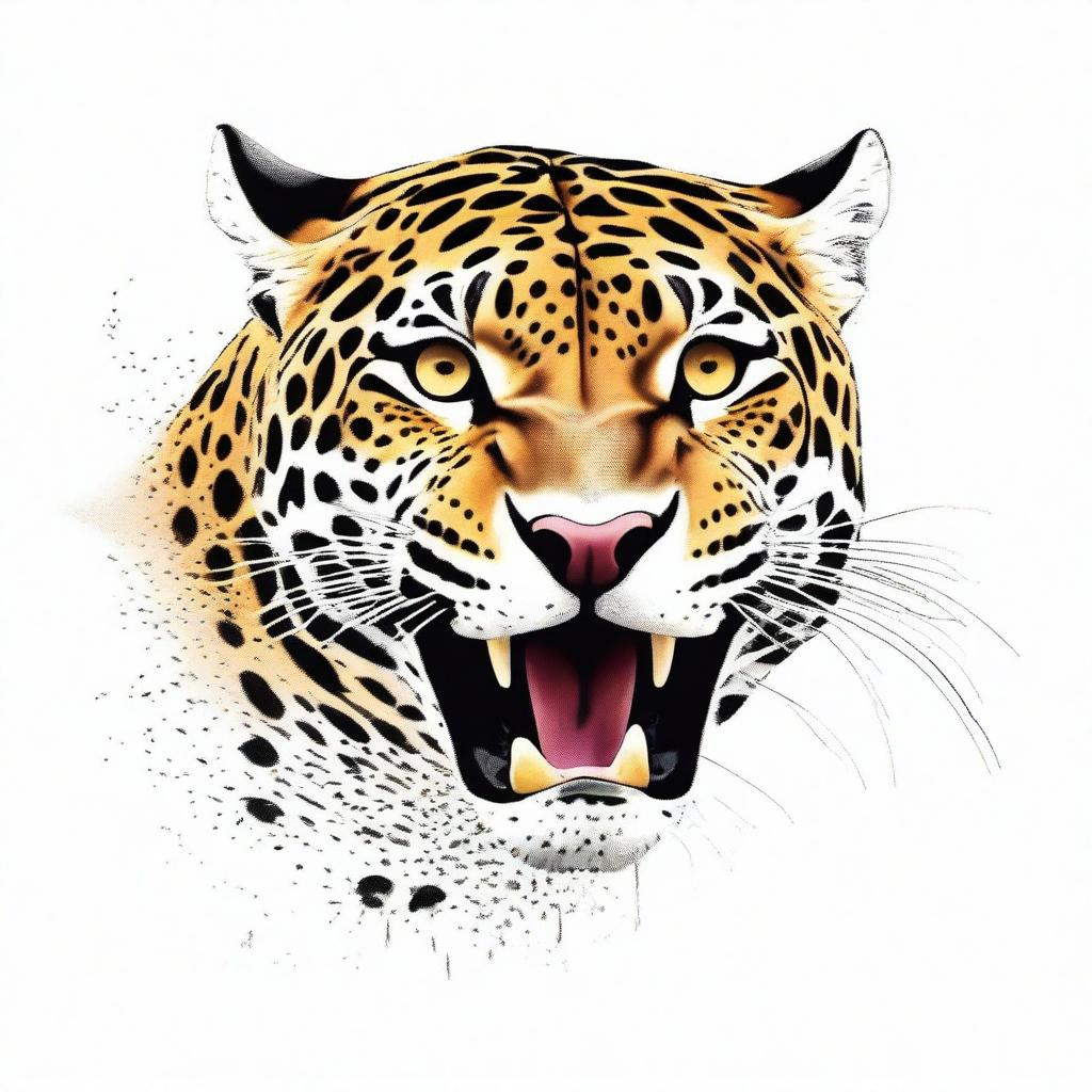 A colored illustration of a jaguar running head-on, roaring, showing its entire body against a white background with no vegetation