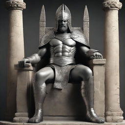 A Spartan king sitting on a grand stone throne, wearing his armor, with a large sword by his side