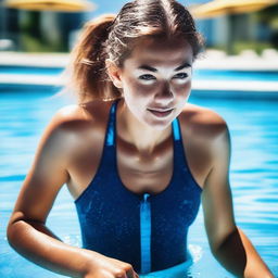 A young woman wearing an athletic one-piece swimsuit is climbing out of a pool