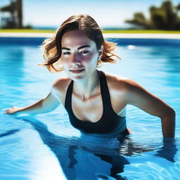 A young woman wearing an athletic one-piece swimsuit is climbing out of a pool