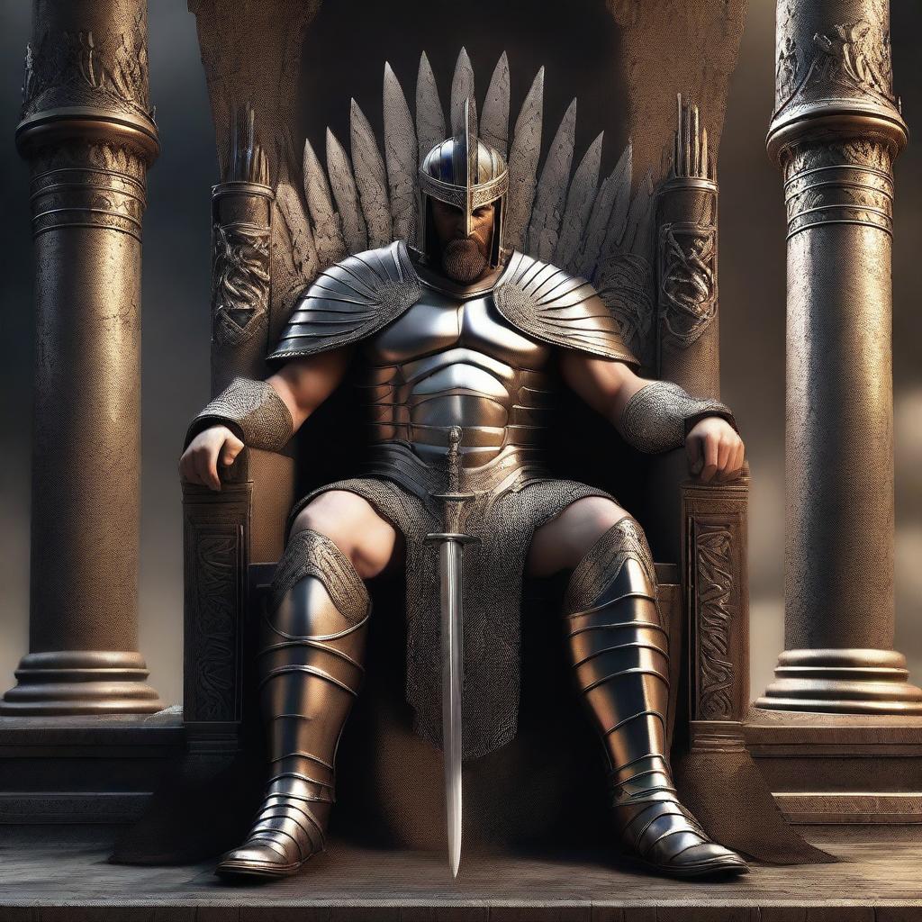 A Spartan king sitting on a grand iron throne, wearing his armor, with a large sword by his side