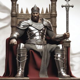 A Spartan king sitting on a grand iron throne, wearing his armor, with a large sword by his side