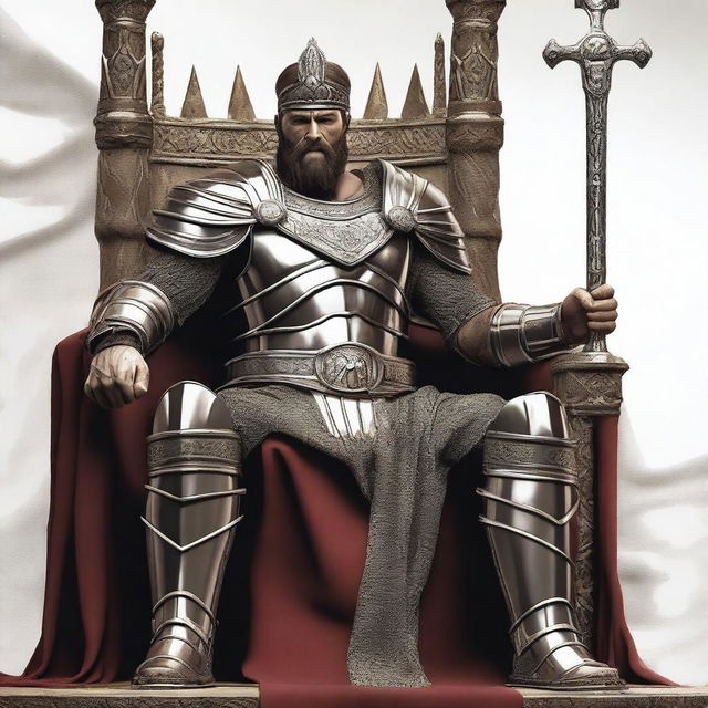 A Spartan king sitting on a grand iron throne, wearing his armor, with a large sword by his side