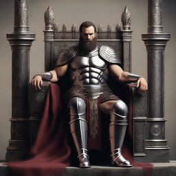 A Spartan king sitting on a grand iron throne, wearing his armor, with a large sword by his side