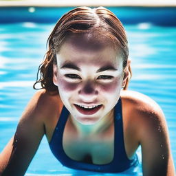 A young woman wearing an athletic one-piece swimsuit is wet and climbing out of a pool