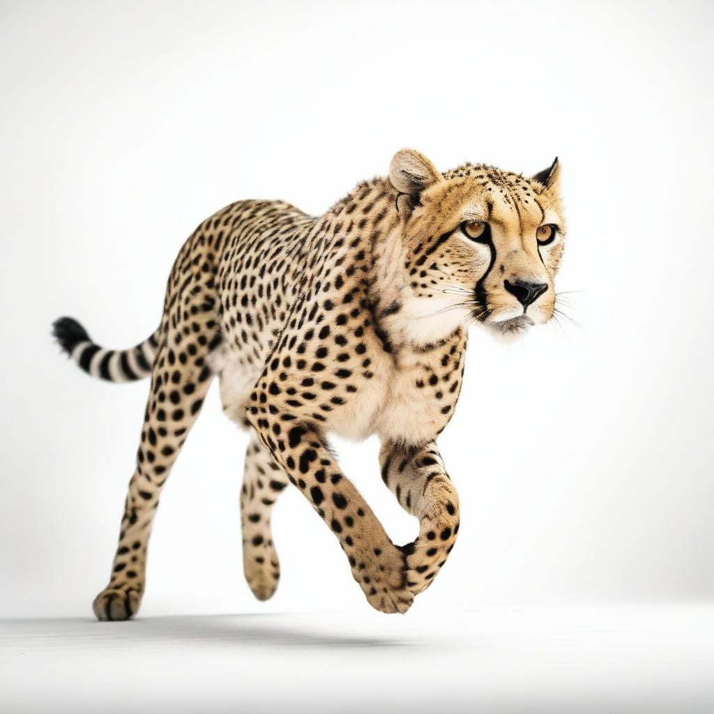 A cheetah running, well-defined, against a white background