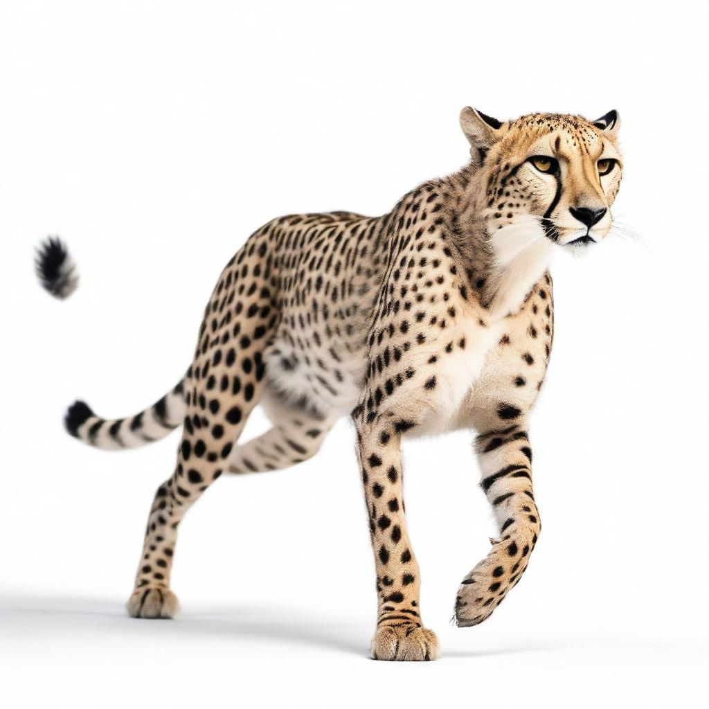 A cheetah running, well-defined, against a white background