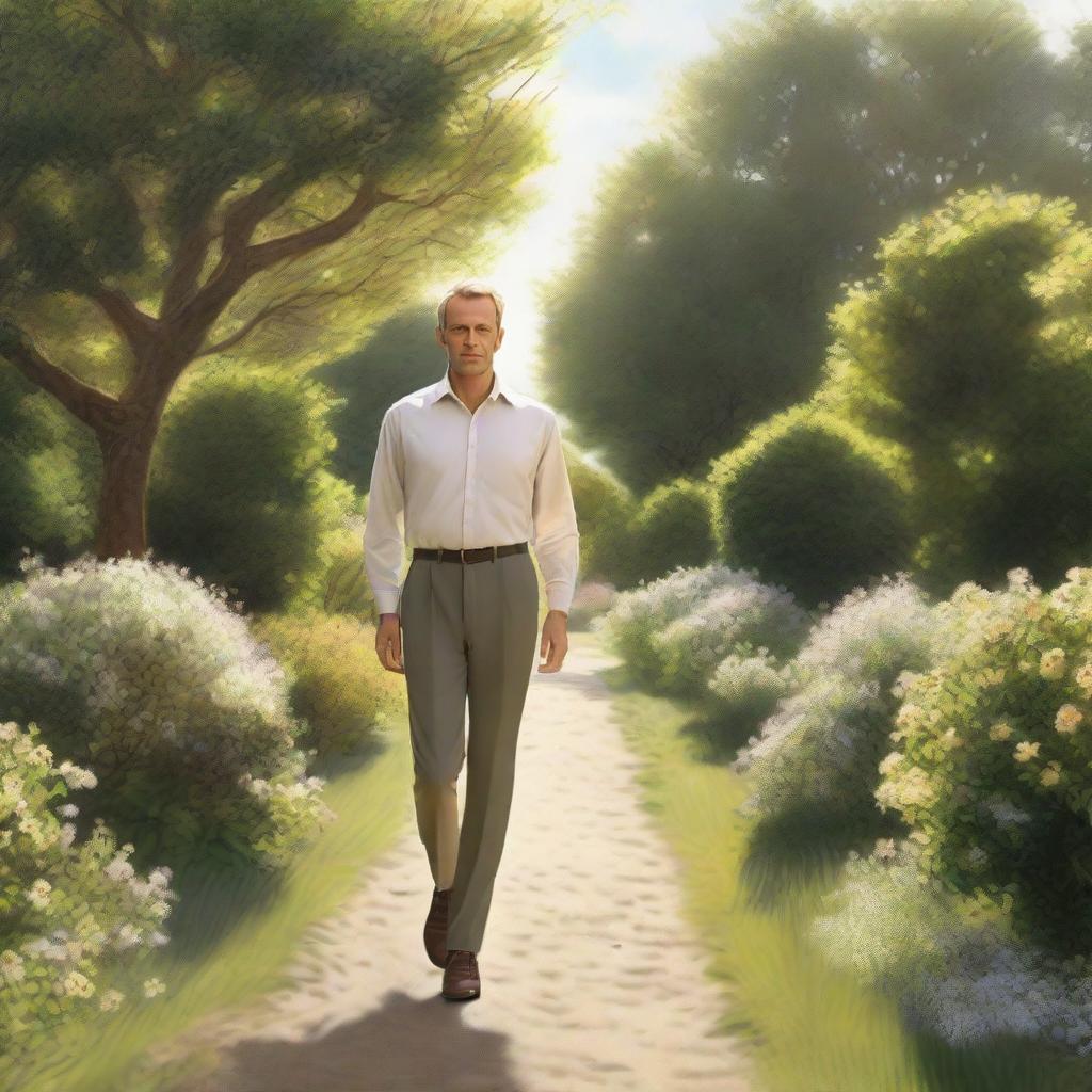 A photorealistic man without a hat, dressed in a light shirt and dark trousers, walking along a path in a dense, calm garden