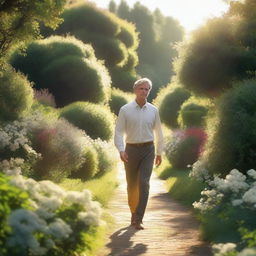 A photorealistic man without a hat, dressed in a light shirt and dark trousers, walking along a path in a dense, calm garden