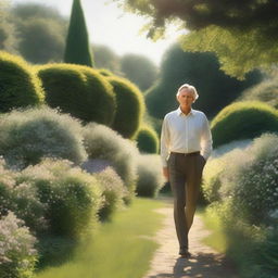 A photorealistic man without a hat, dressed in a light shirt and dark trousers, walking along a path in a dense, calm garden