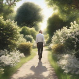 A photorealistic man without a hat, dressed in a light shirt and dark trousers, walking along a path in a dense, calm garden